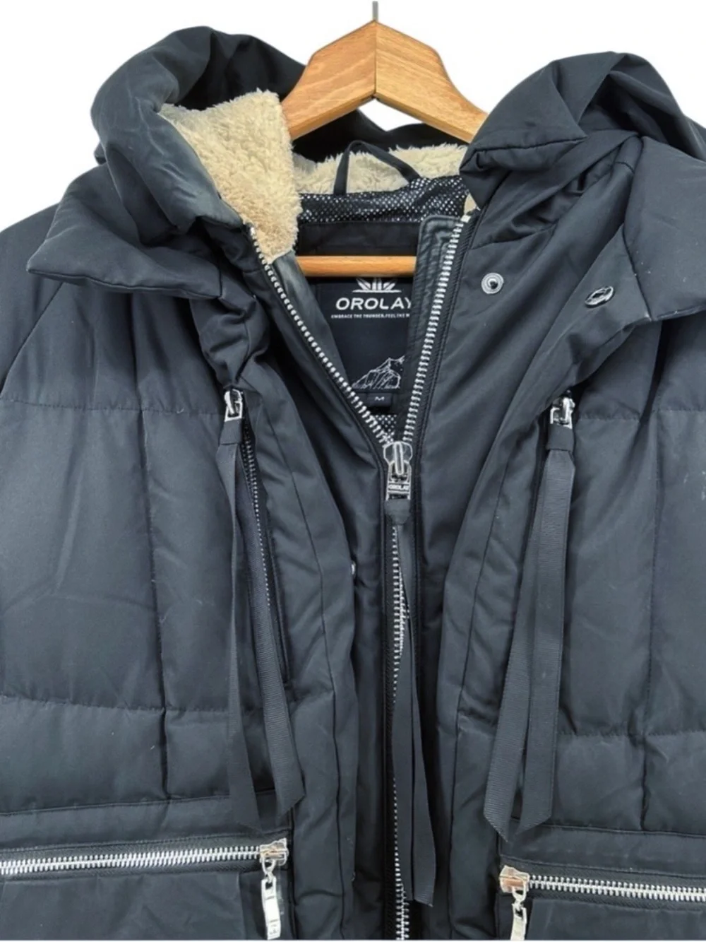Orolay Hooded Down Jacket With Pockets Sherpa Lined Side Zip Size L